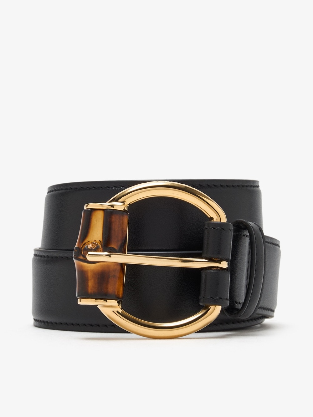 Gucci Black Leather Belt with Gold Buckle and Tortoiseshell Accent